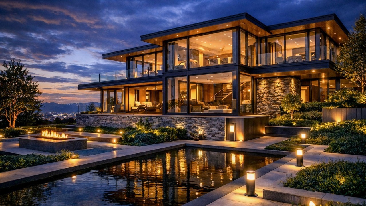 Luxury villa at dusk with integrated exterior lighting
